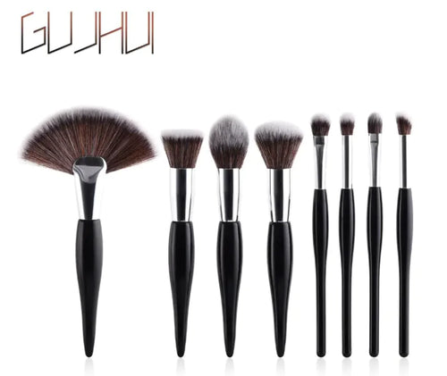 8-Piece Makeup Brush Set with Black Handle and Silver Tubes